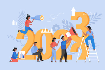 New Year 2023 trends, plans and growth business concept.  Modern vector illustration of people teamwork for web design