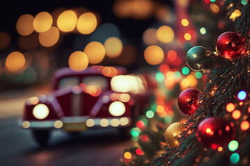 beautiful defocused street with glitter glow bokeh light , Christmas time, New Year celebration time  with decorated Christmas tree