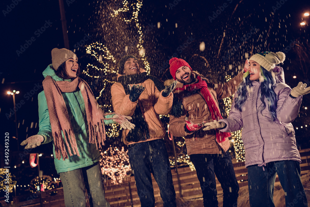 Sticker photo of funky people diversity two couples laughing spend time like kid throwing snow up ukrainian 