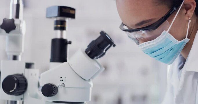 Science covid mask, research and microscope woman employee working on biotechnology development test. Scientist analysis, health and medical laboratory worker with hospital innovation and vision