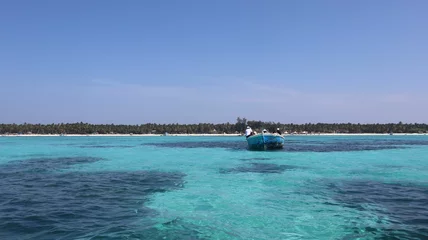 Photo sur Aluminium Plage tropicale Isolated blue boat with people sailing in a blue ocean with the background of trees in Lakshadweep