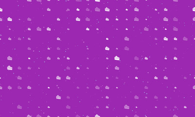Seamless background pattern of evenly spaced white piece of cake symbols of different sizes and opacity. Vector illustration on purple background with stars
