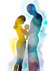 Watercolor silhouettes of a couple holding a baby