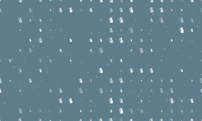 Seamless background pattern of evenly spaced white travel backpack symbols of different sizes and opacity. Vector illustration on blue gray background with stars