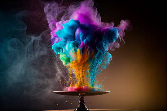 A colourful powder explosion on a black background. Holi paint and smoke.