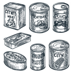 Canned food set. Food in tins hand drawn vector sketch illustration. Grocery supermarket collection of metal cans, jars - 549250947