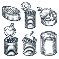 Metal cans, jars containers set. Food in tins hand drawn vector sketch illustration. Grocery supermarket design elements - 549250973