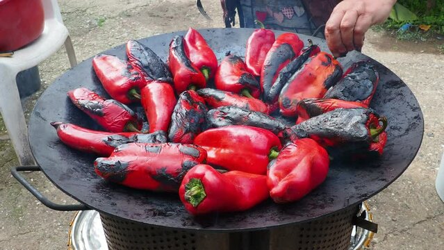 Roasting red peppers for a smoky flavor and quick peeling. Thermal processing of the pepper crop on a metal circle. Brazier container used to burn charcoal fuel for cooking, heating or cultural