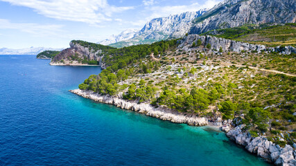 Fototapeta na wymiar Turquoise water panoramic background from drone. Summer seascape from air. Croatia. Travel - image
