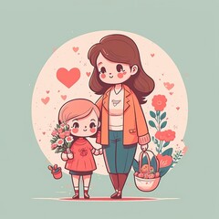 pastel cartoon mothers day for greeting card, social media, clip art, clipart, gift. mother and daughter together doing activies