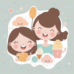 pastel cartoon mothers day for greeting card, social media, clip art, clipart, gift. mother and daughter together doing activies