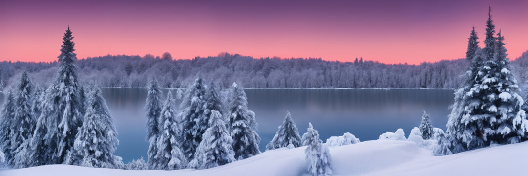 Winter morning landscape with snow, trees and a lake, CGI, Generative AI image