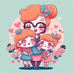 pastel cartoon mothers day for greeting card, social media, clip art, clipart, gift. mother and daughter together doing activies