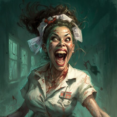 Zombie nurse with a crazy smile at the hospital