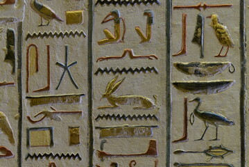 ANCIENT EGYPTIAN HIEROGLYPHS FROM THE TOMBS IN THE VALLEY OF THE KINGS IN LUXOR, EGIYPT