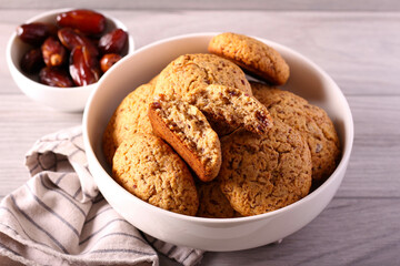 Sticky date cookies in bowl