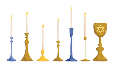 Hanukkah candles vector illustration set. Jewish symbols illustrations - obrazy, fototapety, plakaty