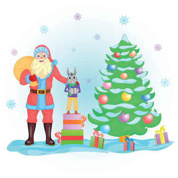 Santa came to wish Happy New Year to forest dwellers, holiday, year of the rabbit, Christmas tree, Santa, snow, new Year gifts, fairy forest, Christmas decorations