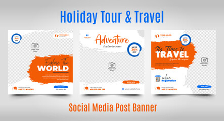 Travel social media post template for summer holiday tourism marketing and offer sale web square flyer post or banner design promotion vector template.
