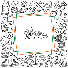 Template sport doodle set on white. Sports equipment and training supplies. Vector illustration.