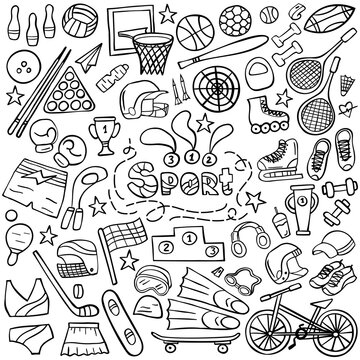 Hand drawn sport doodle set on white. Sports equipment and training supplies. Vector illustration.