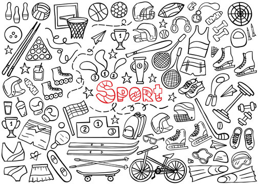 Hand drawn sport doodle set on white. Sports equipment and training supplies. Vector illustration.