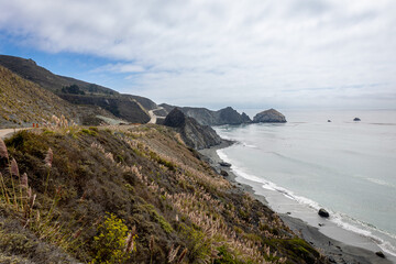 Obraz premium The beautiful west coast of California along Highway 1, with meadows and rocks, a blue sky and sea, with the remnants of fog in the distance