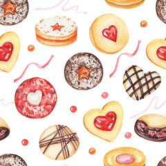 Watercolor seamless pattern. Cookies pattern. Watercolour cookie illustration. Festive pastry. Design for bakery, cafe, fabric, textile, wrapping paper, gift, box, greeting, packaging, package, decor