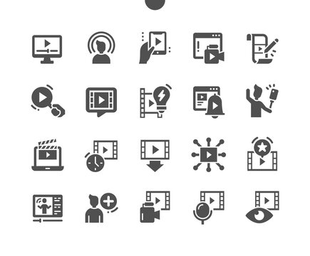 Streaming. Recording and edit video. Number of views. Live stream. Vector Solid Icons. Simple Pictogram