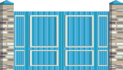 Bricks or stone protect gates with metal plating, protective timber entrance gateway fence flat vector illustration, isolated on white.