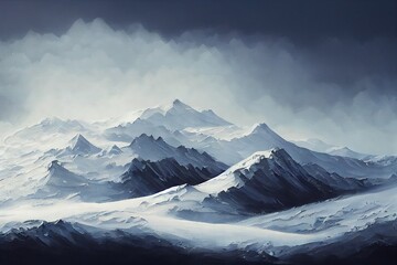 Naklejka na ściany i meble Snowy mountain foggy painting landscape Generative AI