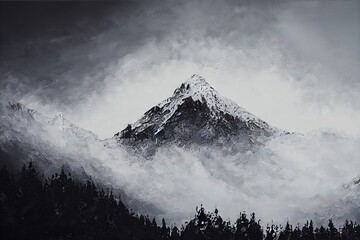 Snowy mountain foggy painting landscape Generative AI
