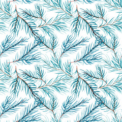 Festive seamless watercolor pattern with blue fir branches on a white background. Pattern for Christmas, New Year etc.
