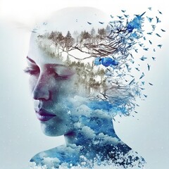 Double exposure surreal image of woman representing stress. Great for ads, book covers, posters and more. AI Generated Illustration. - obrazy, fototapety, plakaty