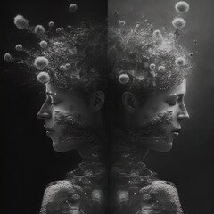 Double exposure surreal image of woman representing stress. Great for ads, book covers, posters and more. AI Generated Illustration.