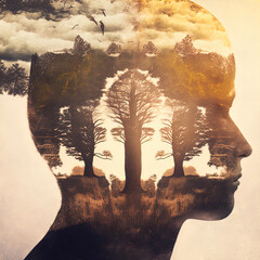 Double exposure image of woman and landscape. AI Generated Illustration.