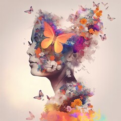 Surreal image of woman and flowers. Great for ads, book covers, posters and more. AI Generated Illustration.	