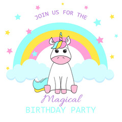 Birthday party invitation with a baby unicorn. Vector illustration on white background