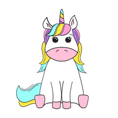 Cute cartoon character unicorn. Element for the design of posters, stickers, greeting cards, invitations, children's banners. Print for clothing. Vector illustration
