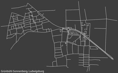 Detailed negative navigation white lines urban street roads map of the GRÜNBÜHL-SONNENBERG MUNICIPALITY of the German regional capital city of LUDWIGSBURG, Germany on dark gray background
