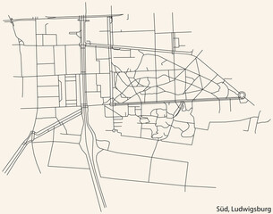 Detailed navigation black lines urban street roads map of the SÜD MUNICIPALITY of the German regional capital city of LUDWIGSBURG, Germany on vintage beige background