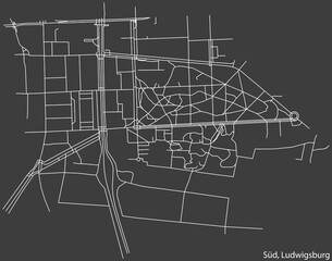 Detailed negative navigation white lines urban street roads map of the SÜD MUNICIPALITY of the German regional capital city of LUDWIGSBURG, Germany on dark gray background
