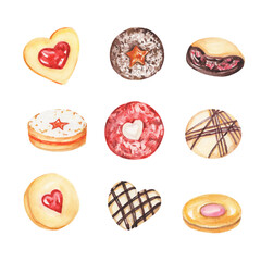 Watercolor cookies set. Food illustration. Festive cookies. Ginger cookies. Design for bakery, cafe, menu, gift, greeting, card. Chocolate cookies. Ginger sweets.