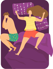 Young couple family father, mother sleeping together comfortable soft mattress bed dreams vector illustration, isolated on white. Cramped relaxing couch, character lovely romantic couple