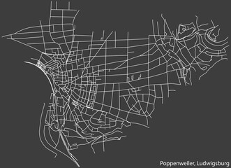 Detailed negative navigation white lines urban street roads map of the POPPENWEILER MUNICIPALITY of the German regional capital city of LUDWIGSBURG, Germany on dark gray background