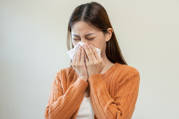 Sick, Coronavirus covid asian young woman, girl have a fever, flu, hand in use tissues paper...