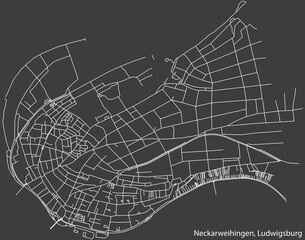 Detailed negative navigation white lines urban street roads map of the NECKARWEIHINGEN MUNICIPALITY of the German regional capital city of LUDWIGSBURG, Germany on dark gray background