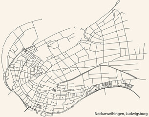 Detailed navigation black lines urban street roads map of the NECKARWEIHINGEN MUNICIPALITY of the German regional capital city of LUDWIGSBURG, Germany on vintage beige background