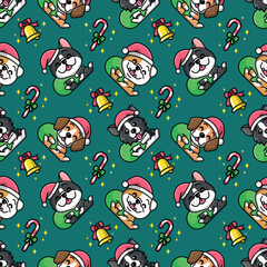 CUTE DOGS IS WEARING SANTA HAT AND CARYING A BIG PRESENT BAG SEAMLESS PATTERN