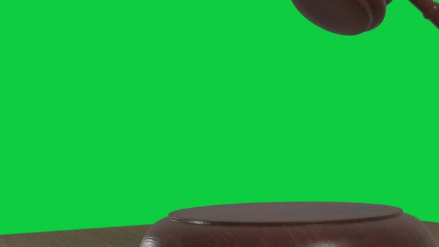 4k closeup of striking wooden judge gavel, 3D animation with green screen background